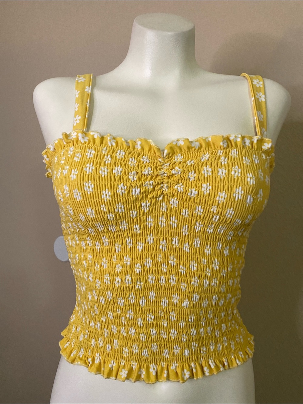 Riley & James Yellow Smocked Floral Cami crop summer Top L